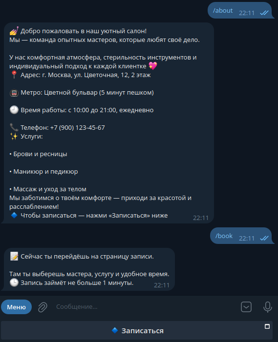 Основные команды бота (/about и /book)